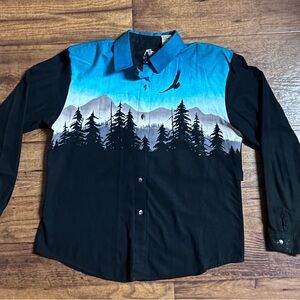 Roper Rodeo ~ 1990’s ~ Men’s Large ~ Black/ Blue Scenic Mountain Print ~ Shirt